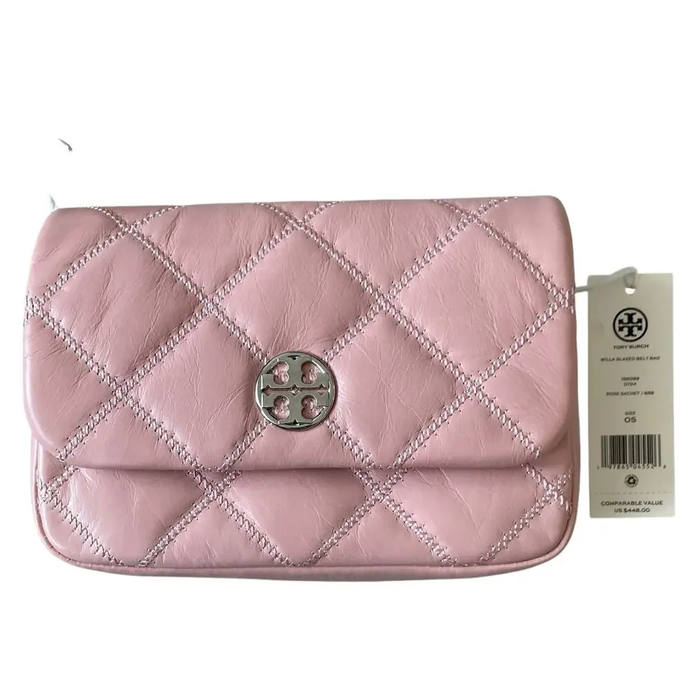 Tory Burch Willa Glazed Mini Belt Bag Crossbody Pink Rose Sachet Leather OS New